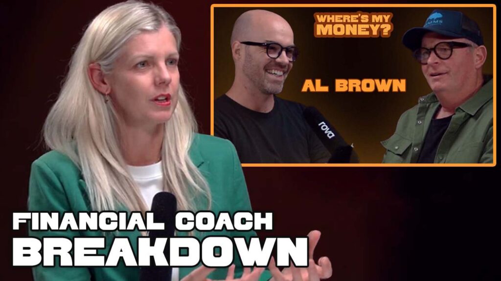 enable.me Financial Coach Shelley Palman in the podcast studio with a thumbnail from a Where's My Money episode behind her