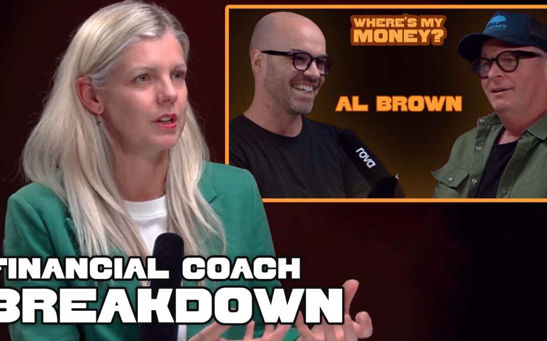 enable.me Financial Coach Shelley Palman in the podcast studio with a thumbnail from a Where's My Money episode behind her