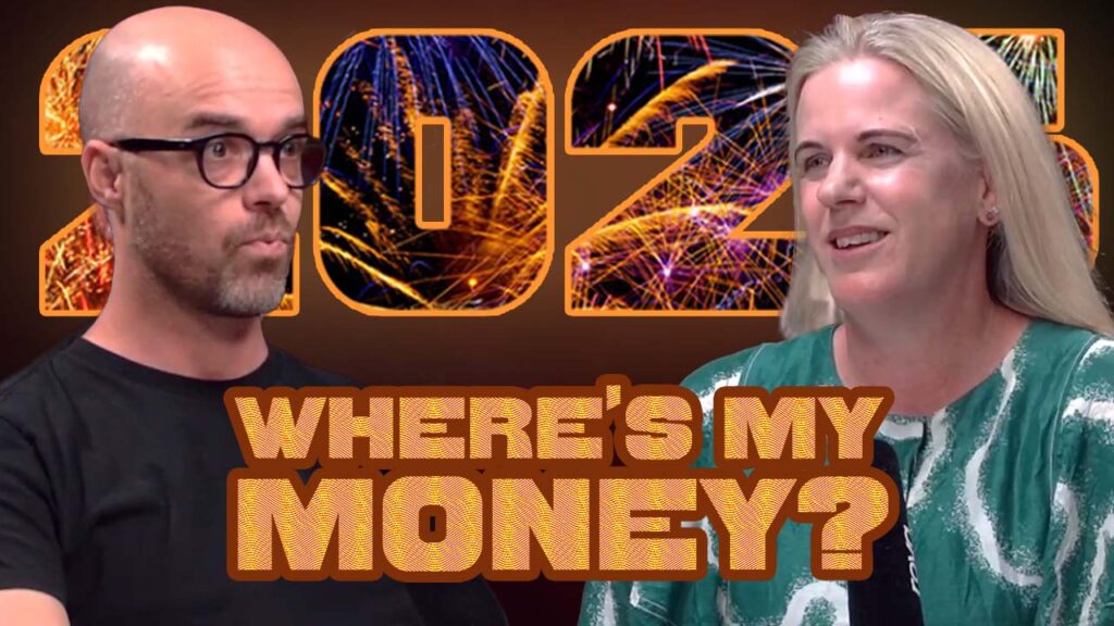 Podcast host Reagan White and enable.me Financial Coach Katie Wesney pictured in front of a large 2026